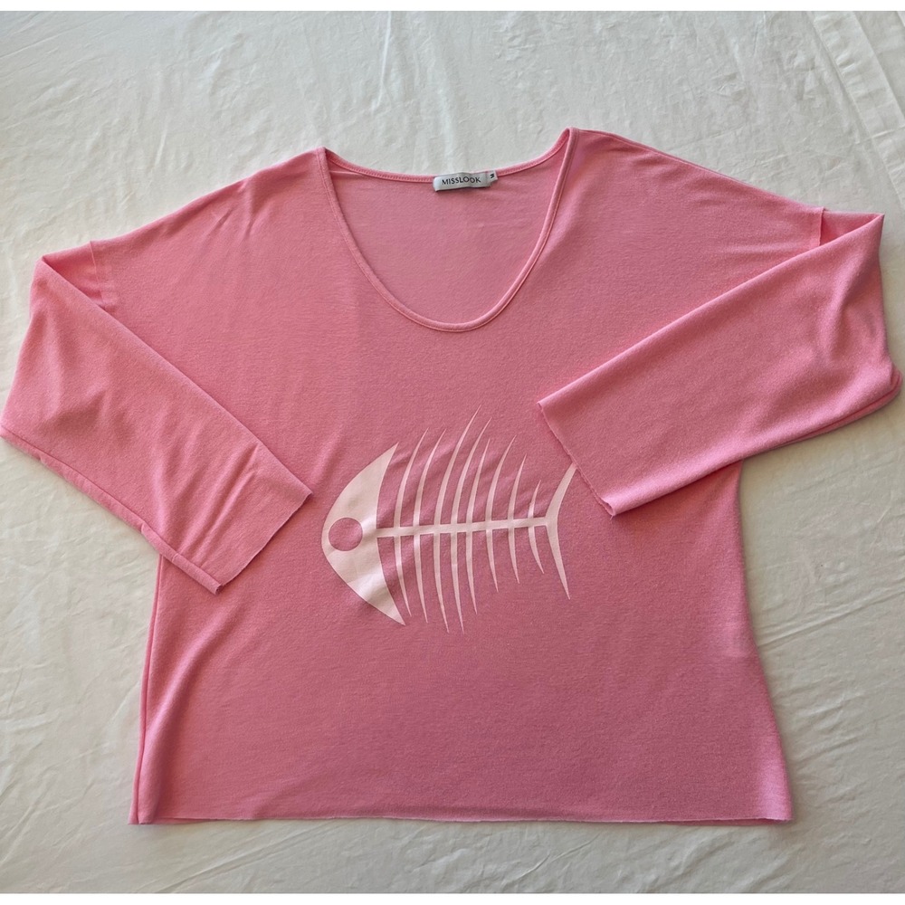 MISSLOOK Pink Fishbone Print Long Sleeve V Neck Casual Top Womens Size M